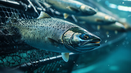 Wall Mural - Salmon swimming on the surface of fish farm. fish. Illustrations
