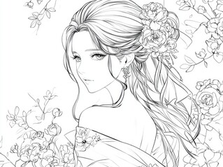 Wall Mural - Anime style girl in a floral dress Line art illustration for coloring books Elegant design in black and white on a light background