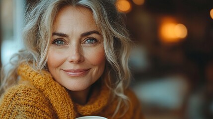 Canvas Print - beautiful mature woman in kitchen drinking coffee older woman living alone enjoying peaceful weekend day