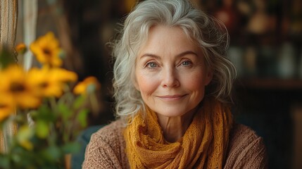 Poster - beautiful mature woman in kitchen drinking coffee older woman living alone enjoying peaceful weekend day