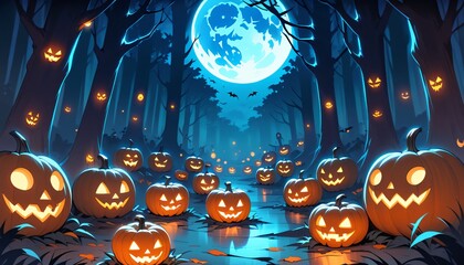 Wall Mural - illustration of a Halloween night with moon and pumpkin background