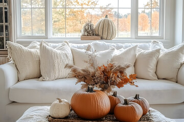 Poster - A warm and inviting living room features a plush white sofa adorned with textured pillows and an autumnal centerpiece of pumpkins and dried flowers.