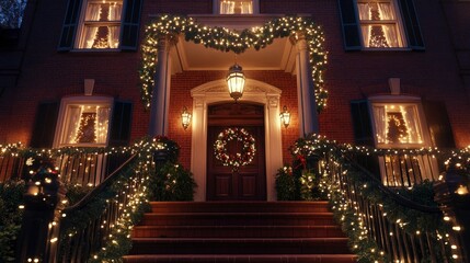 A historic brick house adorned with elegant white lights, a grand entrance wreath, and holiday greenery along the railings.