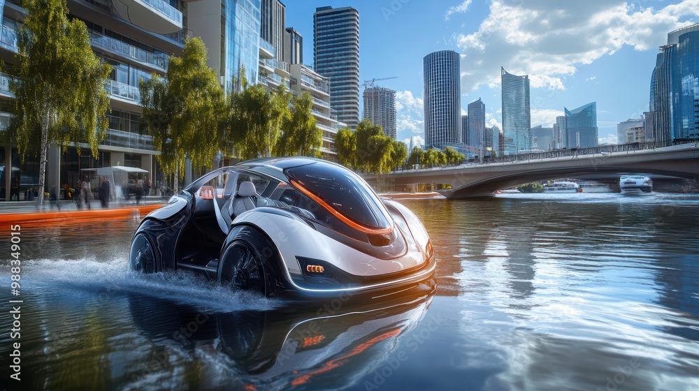 A futuristic amphibious vehicle seamlessly transitioning from driving on a city street to gliding across a river, showcasing its versatility and advanced design in a vibrant urban environment