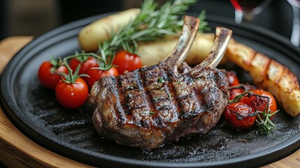 Grilled Lamb Chop with Roasted Vegetables and Rosemary Garnish