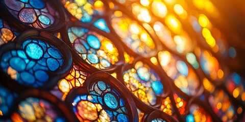 Intricate Stained Glass Window, detailed patterns illuminated by soft light, blurred church interior creates a serene atmosphere