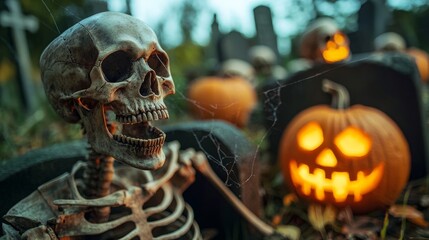 A skeleton with an open mouth sits in a spooky graveyard setting with a glowing jack-o-lantern in the foreground.