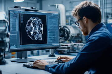 An industrial engineer sitting at a desk, working on a computer with 3D CAD software, designing mechanical parts or equipment, showcasing the technological side of modern engineering