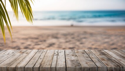 Wall Mural - Empty wooden planks with blur beach on background, can be used for product placement, palm leaves on foreground