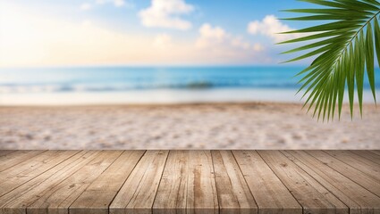 Wall Mural - Empty wooden planks with blur beach on background, can be used for product placement, palm leaves on foreground