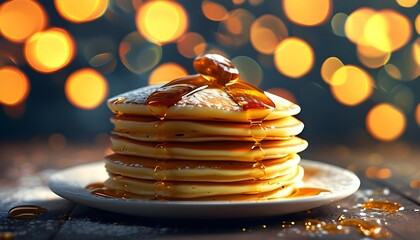 Wall Mural - Fluffy golden pancakes glowing amidst a backdrop of enchanting bokeh lights