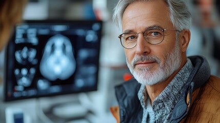 Wall Mural - close up of doctor is examining mature man by using an ultrasound equipment in clinic