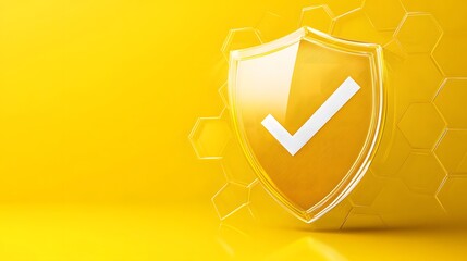 Protection. Healthcare. Insurance. Cyber security. Network safety. Protection shield with Check mark icon inside transparent sphere shield with hexagon pattern on yellow background. Vector illustratio