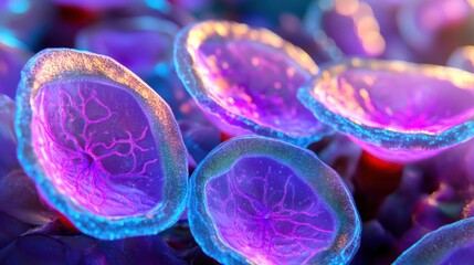 Wall Mural - vibrant purple hues radiate from abstract glowing cells, creating a calming atmosphere during twilig