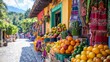 © Tangtong - Vibrant Mexican street market filled with colorful traditional textiles, fruits, and spices, under a bright sunny sky