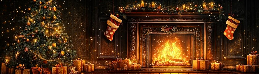 Wall Mural - Cozy Christmas Scene with Tree and Fireplace