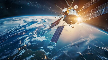 Wall Mural - satellite orbiting earth with the sun shining in the background.