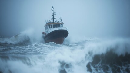 The boat navigates through massive waves, battling the elements as the storm rages on, showcasing nature's raw power