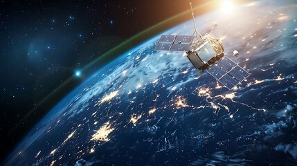 Wall Mural - satellite orbits the earth in a stunning view of our planet from space. the satellite's solar panels