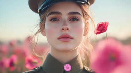 A woman in military uniform stands proudly, her gaze fixed on the horizon, a pink medal symbol signifying bravery pinned to her chest.