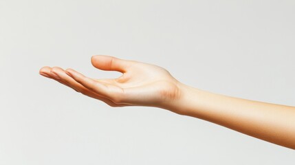 Close-up of a woman s hand gently holding an invisible object, isolated against a bright white background for emphasis on the hand's shape