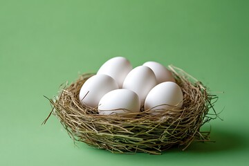 Group of fresh duck eggs uncooked raw food high protein some in white color and some are soft blue on dry brown straw nest isolated .