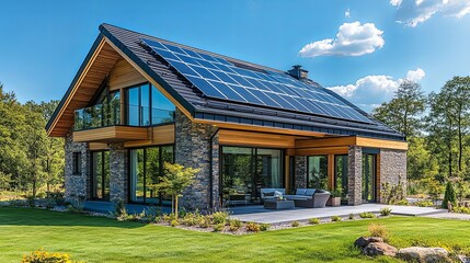 A large house with a lot of windows and a solar panel on the roof