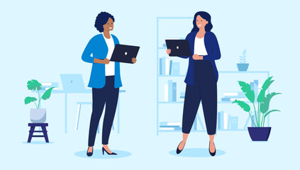 Poster - Two women with laptops - Female vector characters standing holding computers in office work setting, smiling and talking together. Flat design illustration with light blue background
