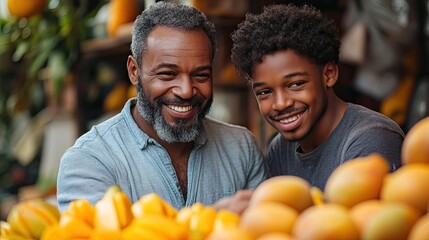 Wall Mural - father, mature son making fruit smoothie as snack having fun in kitchen handsome man talking about mango fruit