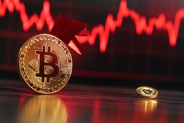 A gold Bitcoin cryptocurrency coin with a red arrow pointing down in front of a red stock market chart.