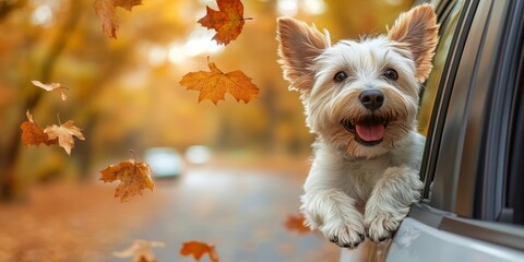 A happy dog leans out of a car window on an autumn road surrounded by colorful leaves. A perfect moment to convey the autumn mood, freedom and enjoyment of nature.