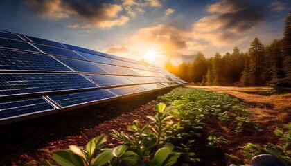 A vibrant sunset casts golden light on a field of solar panels, surrounded by lush greenery and trees, highlighting the harmony of renewable energy and nature.