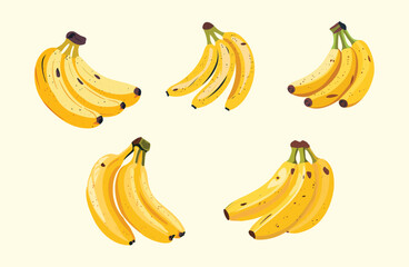 Vector Cartoon Banana Set. Half-Peeled Bananas. Tropical Fruits for Vegan Desserts and Healthy Nutrition.