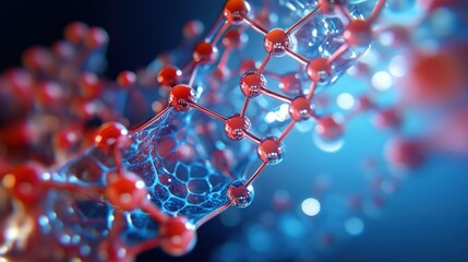 Close-up view of molecular structure featuring red atoms and intricate connections, set against a soft blue background, illustrating the beauty of science and chemistry.