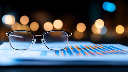 Close-up of piled coins symbolizing money and investing ideas with a changing stock market graph in the backdrop. Black eyeglasses up close on a wooden desk with a fuzzy computer screen in the backgro