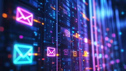 A close-up of digital email icons floating above an array of server racks