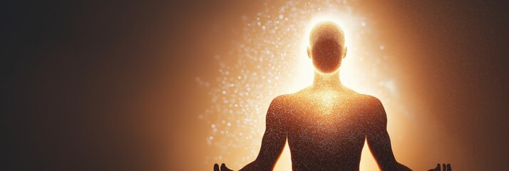 A man is meditating in a room with a lot of light. The room is filled with a lot of light and the man is in the center of it