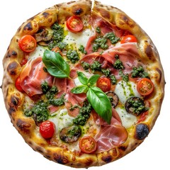 Wall Mural - Parma Ham Pizza with Porcini Mushrooms, Mozzarella, Basil, Cherry Tomatoes, Pesto