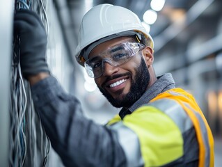 Smiling engineer in hardhat and safety glasses working on wires in an industrial setting.