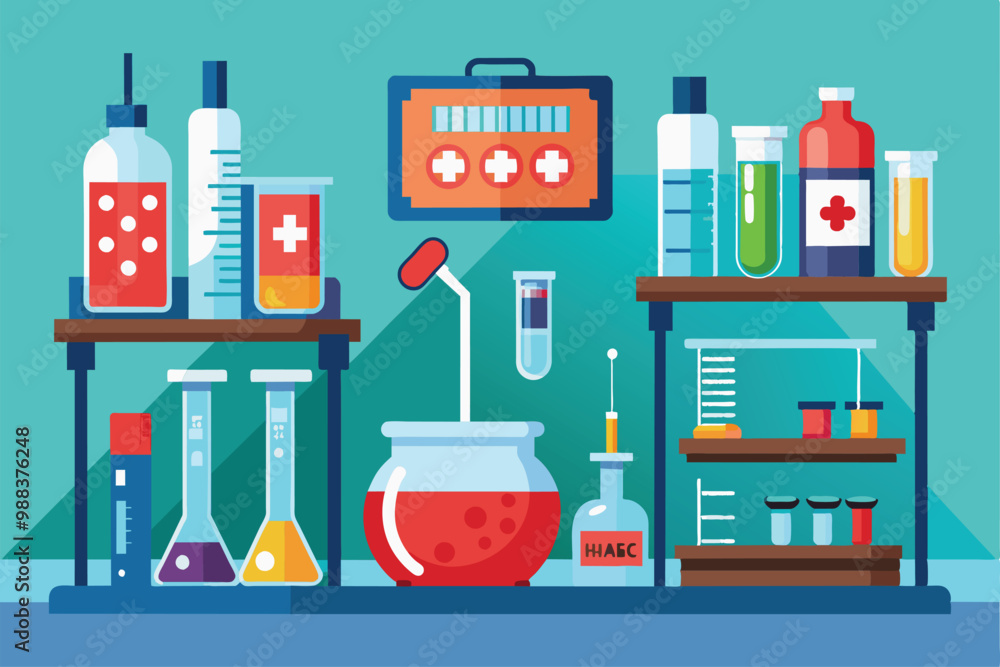 Laboratory with shelves holding test tubes, beakers, and chemical ...