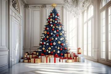 A grand Christmas tree adorned with red and gold ornaments in a luxurious, sunlit room, surrounded by beautifully wrapped presents..