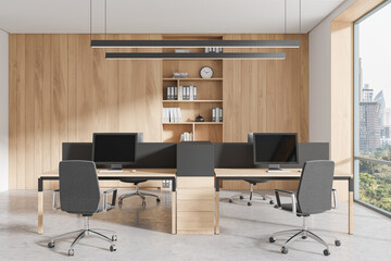 Wall Mural - Modern office interior with wooden walls and large windows. 3D Rendering