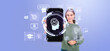 © ImageFlow - Woman holding smartphone displaying AI icon with educational sym