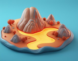 A stylized island with a winding river mountains and trees, 3D illustration