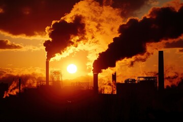 A dramatic sunset silhouetting industrial smokestacks, with smoke billowing against the vibrant orange sky, highlighting the contrast between nature and industry.