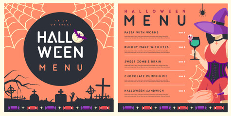 Halloween flat menu design with young witch in hat and magic potion. Halloween spooky background. Vector illustration