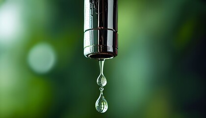 Elegant close-up of a modern faucet with a water droplet suspended from the spout surrounded by a soft green blurred backdrop