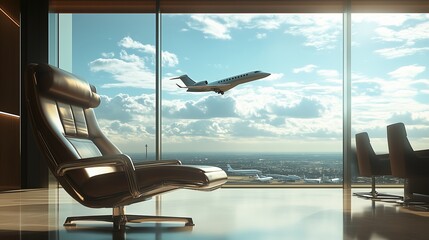 Luxury airport lounge with sleek chair overlooking runway as private jet takes off during bright sunset