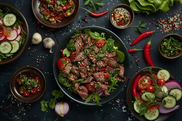 Poster - Spicy Salads Set, Salat Collection with Beef Meat and Vegetables Salats Top View, Restaurant Buffet Menu