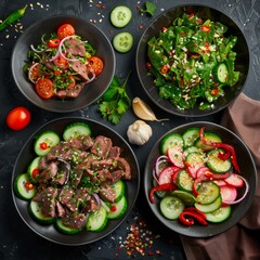 Poster - Spicy Salads Set, Salat Collection with Beef Meat and Vegetables Salats Top View, Restaurant Buffet Menu